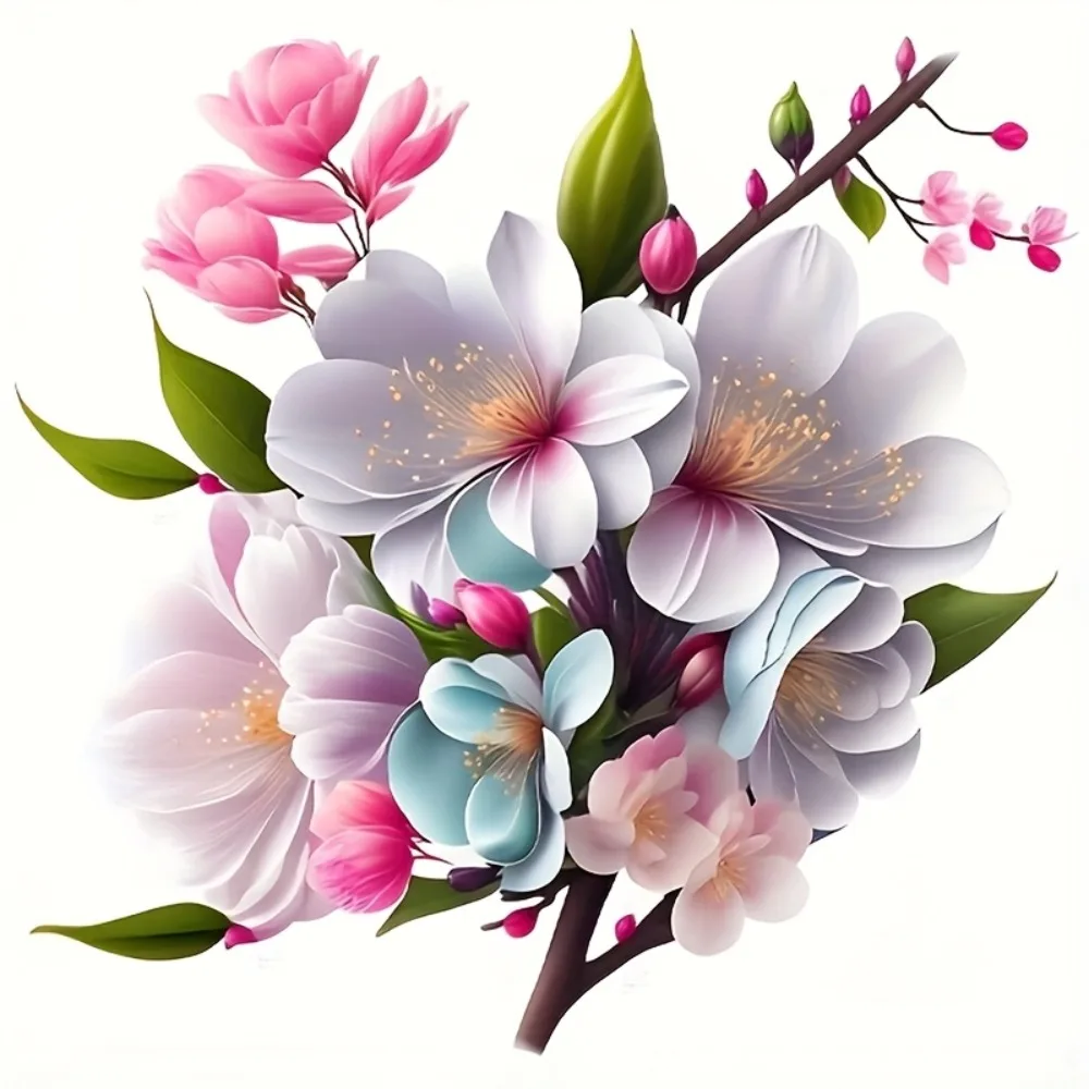 

Glossy Vinyl Plum Blossom Pink & White Cherry like Decal with Green Leaves for Cars Laptops Walls Windows Mugs Easy Peel