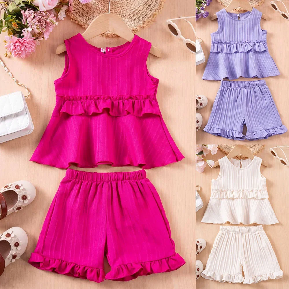 Summer Kid\'s Casual Suit Baby Girl Solid Color Sleeveless Top + Ruffle Shorts 2pcs Small Fresh Style Suitable for Daily Wear