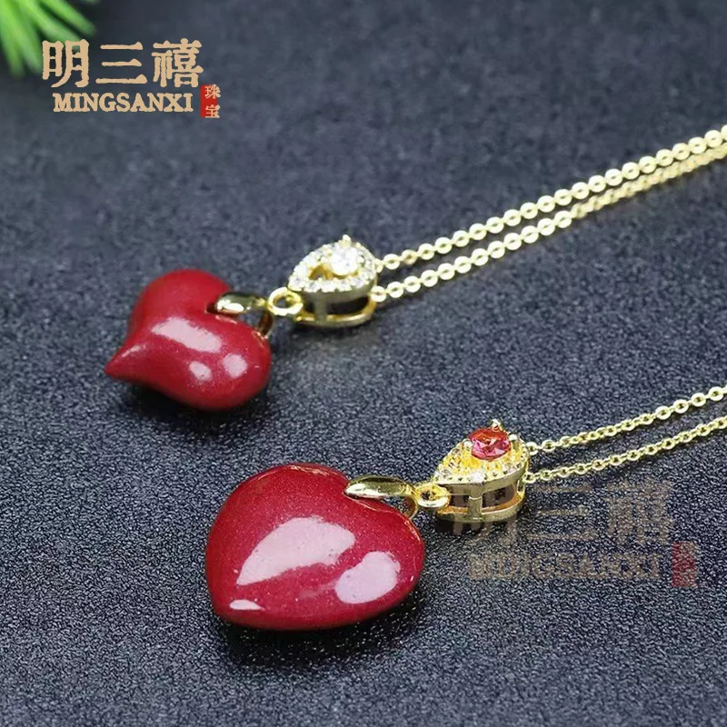Natural Cinnabar 925 Silver Clasp Purple Gold Sand Heart Pendant High Content Fortune Necklace Collarbone Chain Necklace