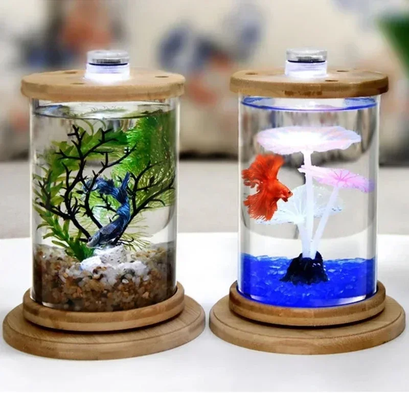 

-Mini Boîte En Verre Cylindrique LED Pour Aquarium, Aquarium Rotatif, Décoration Bureau,