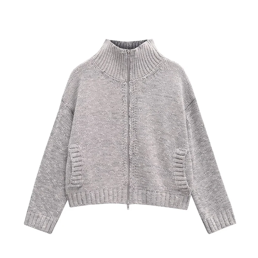 PB&ZA2024 winter new women's clothing style simple and casual high neck commuting style zipper texture cardigan sweater jacket