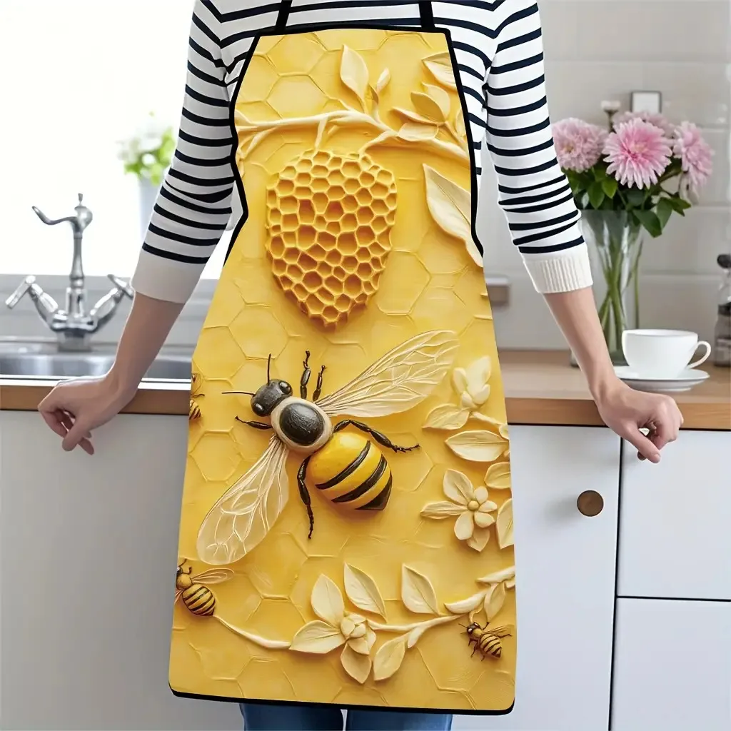 1pc Bee & Honeycomb Apron - Cute Beekeeping-Themed Kitchen Apron With Bee Pattern Durable Polyester & Cleaning Accessory Bright