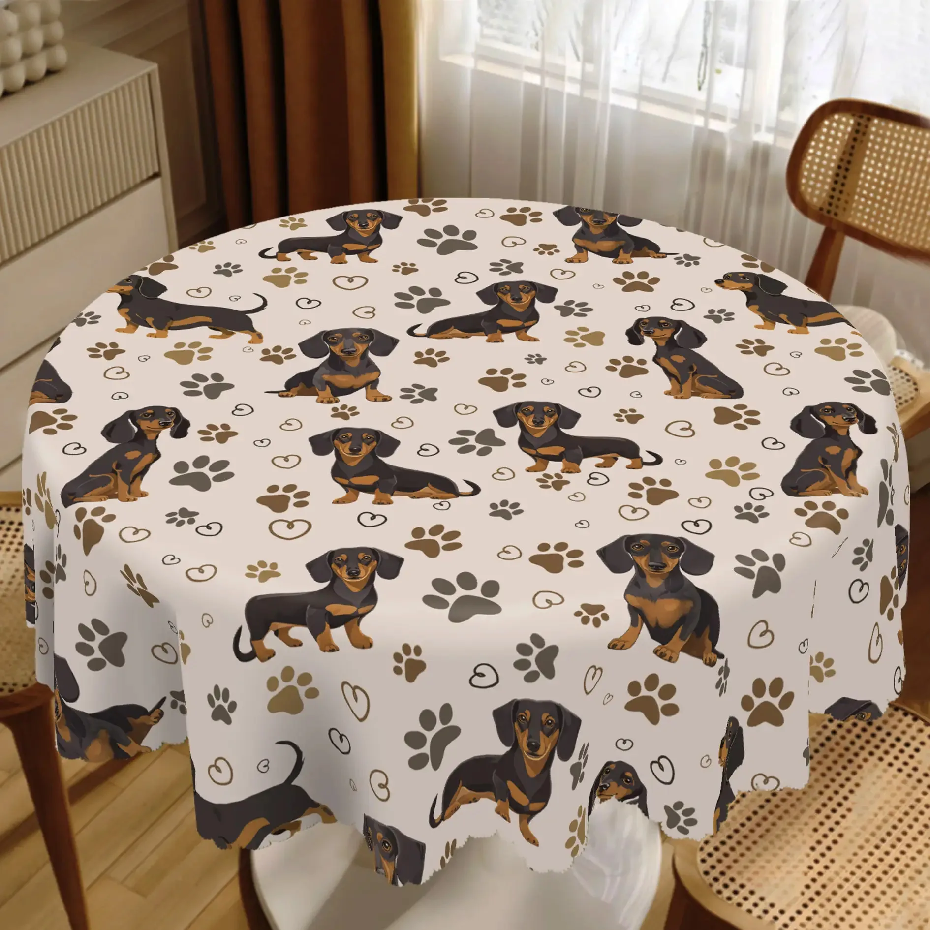 1 piece, vintage dog paw print tablecloth, cute poodle dog tablecloth, brown dog paws