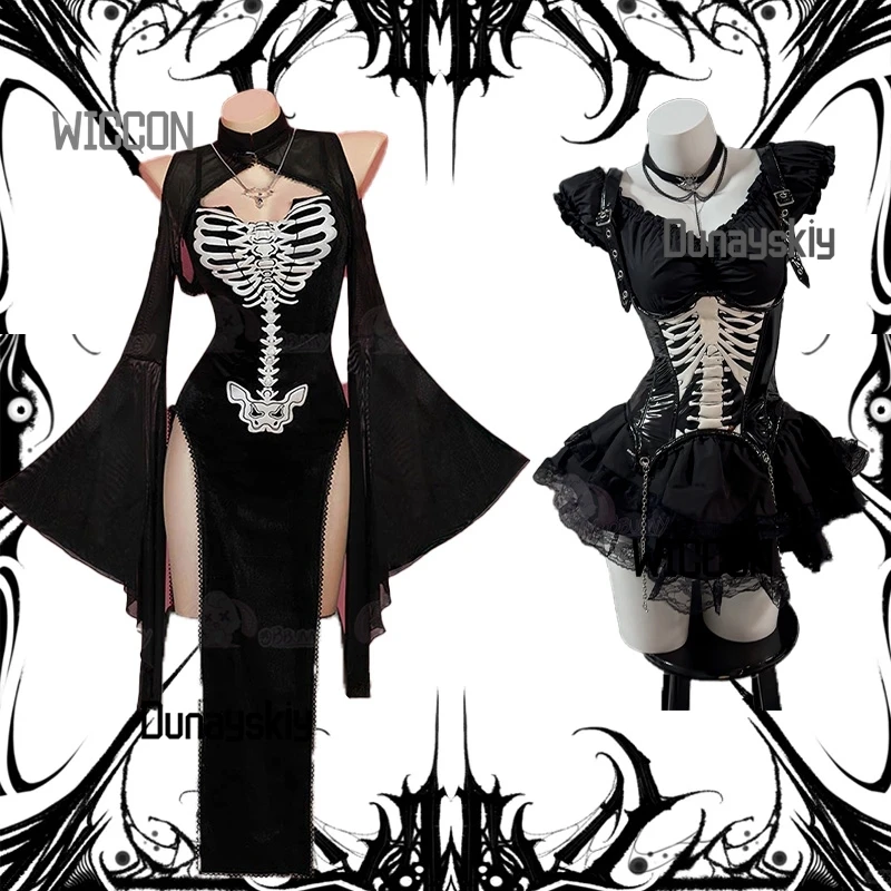 

Хэллоуин Готический Череп Косплей Костюм Средневековый Прохладный Черный Разрез Расклешенный Рукав Лолита Панк Паровой Черный Талия Комплект Партии Темный Повседневный