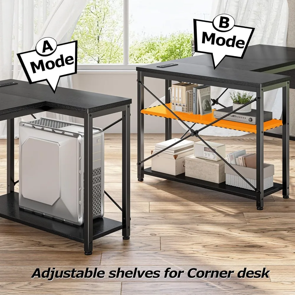 48 Inch L Shaped Gaming Desk with Reversible Storage Shelves & Side Bag, Computer Desk with Power Outlets, Small Corner  Desk