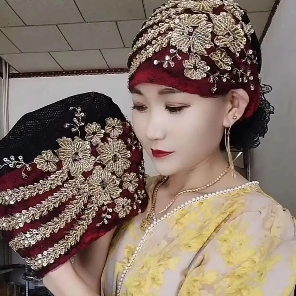 

Phoenix Tail Floral Lace Caps Embroidery Turban Cap Women Headscarf Glitter Breathable Beanie Hair Cover Cap Bonnet Hat
