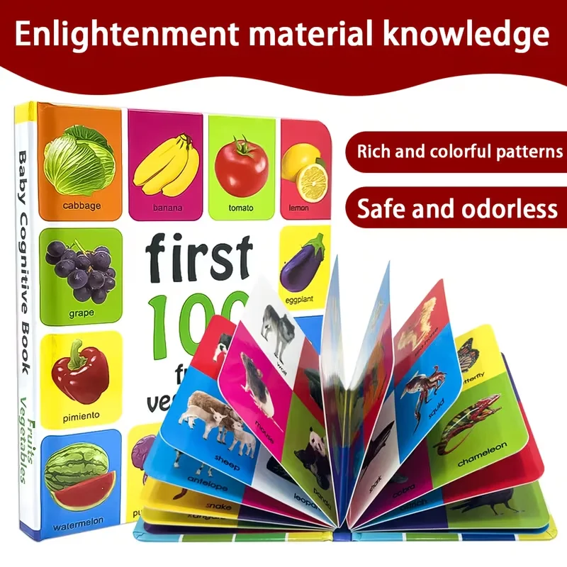 An English learning book featuring images and words for various fruits and vegetables; a sturdy, colorful educational tool.