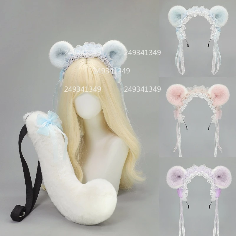 Hamster Ears Cosplay Headwear Sweet Girl Plush Bowknot Tail Lolita Ruffled Lace Dress Up Set Comic-con Stage Costume Accessories