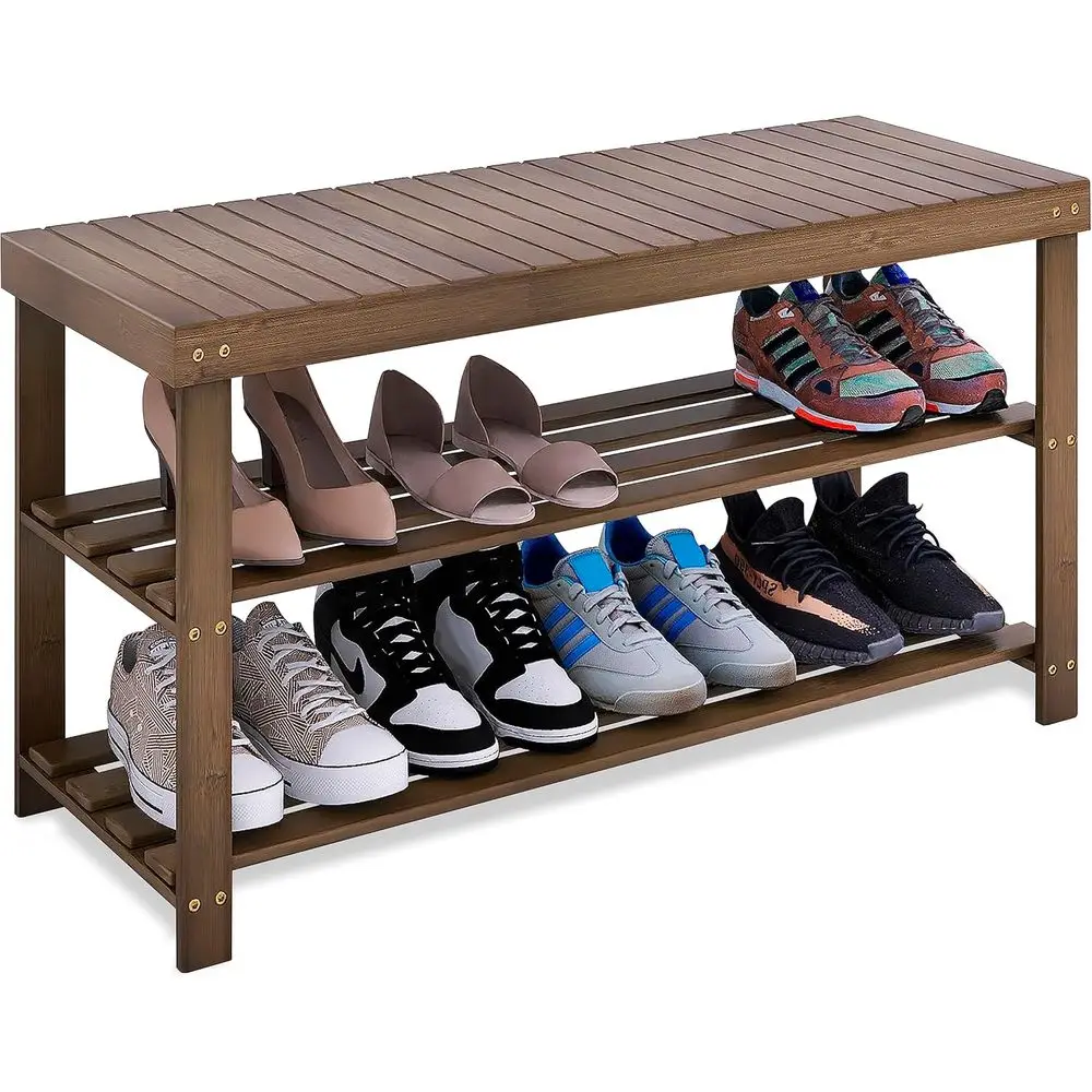 

SMIBUY Bamboo Shoe Rack Bench, 3-Tier Shoe Organizer Storage Shel or Entryway Hallway Bathroom Living Room (Walnut)