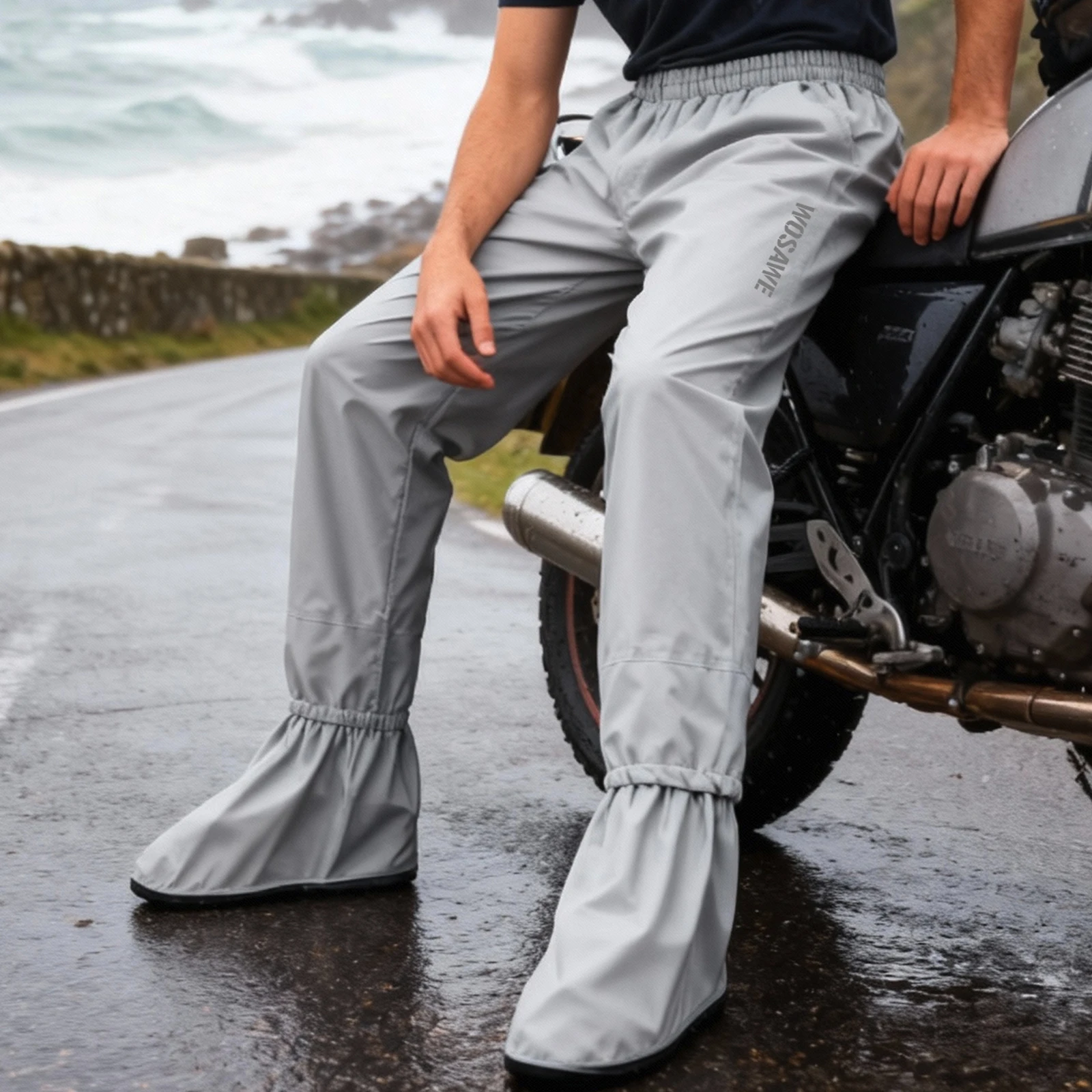 WOSAWE Motorrad-Regenhose, Outdoor-Regenschutzhose mit Überschuhe, wasserdichte Regenhose zum Angeln, Radfahren, Wandern – Detail 3