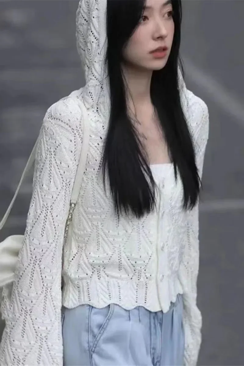 

Women's Hollow Out Knitted Cardigan Thin Outerwear Summer New Loose High Open Front Long Sleeve Top Sweater Women