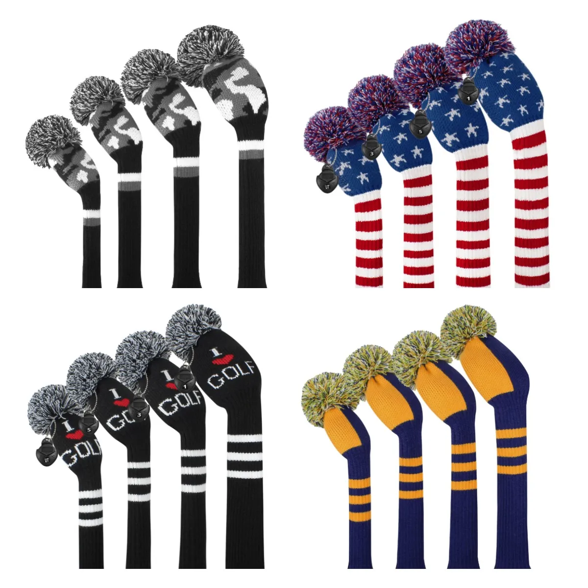 2023 New Style Golf Knitted Head Covers Set 4PCS/Packed for Driver Fairway Hybrid,1 3 5 Golf Wood with Red /Black/ Yellow/ Grey