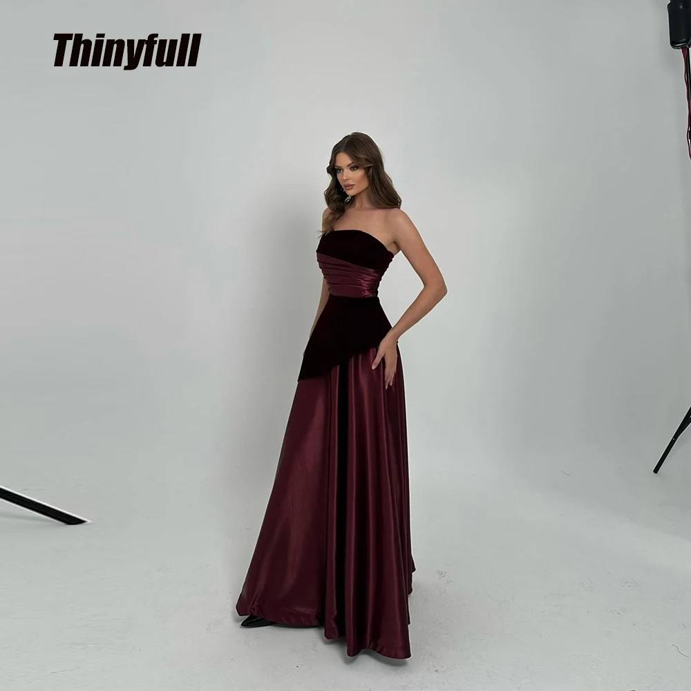 

Thinyfull A-line Arab Prom Dresses Strapless Sleeveless Velvet/Satin Evening Gown Formal Dress robes de soirée Customized