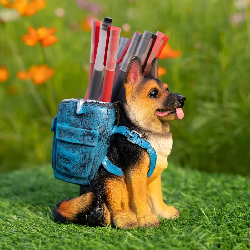 German Shepherd Dog Resin Pen Holder, Stylish Desk Stationery Storage Organizer, Lifelike Dog Sculpture Decor Ornament for Offic