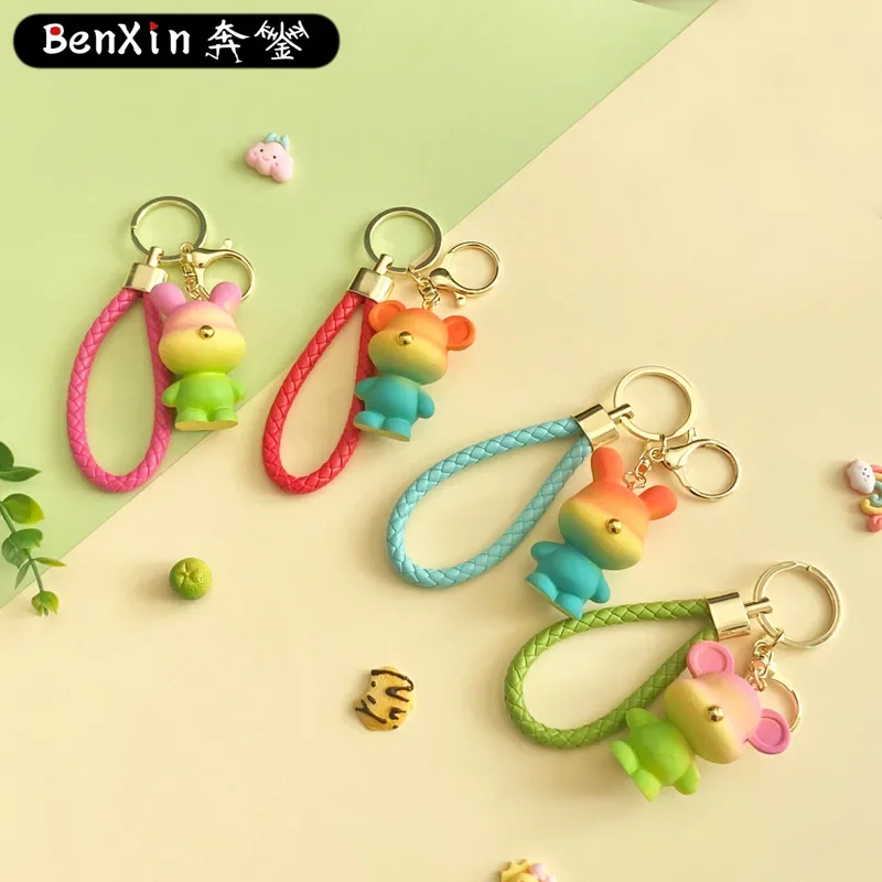 

2025 Minso creative Rainbow Candy Bear Rabbit Keychain schoolbag pendant, cute resin doll car key chain Small gift pendant