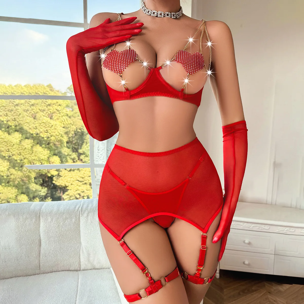 European and American cross-border Internet celebrity sex underwear breast love chain sexy perspective mesh five-piece female