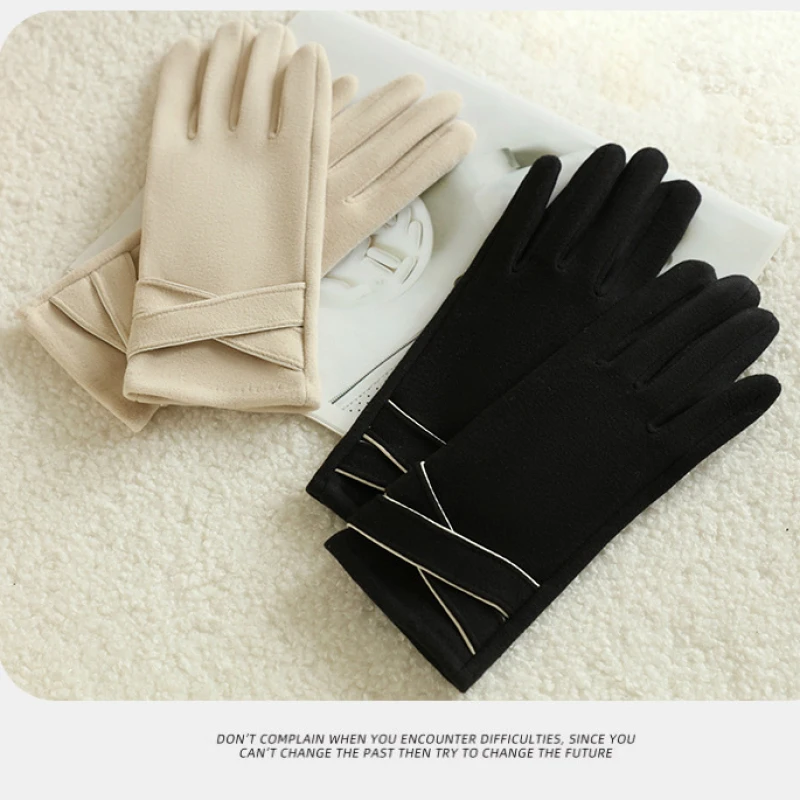 Winter Women Fashion Elegant Keep Warm Touch Screen Plus Fleece Windproof Soft Gloves Elasticity Cross