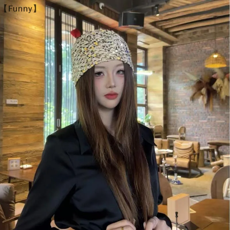 ΣFunny SigurRetro Hohle Pailletten Beanies Cap Y2K Sommer Herbst Dünn Atmungsaktiv Vielseitig Show Face Little Cute Pullover Hüte Damen
