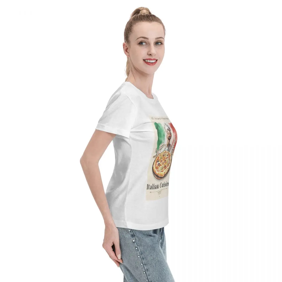 Camiseta de pizza com bandeira italiana para mulheres, gola redonda, streetwear, camisetas femininas, roupas curtas de verão