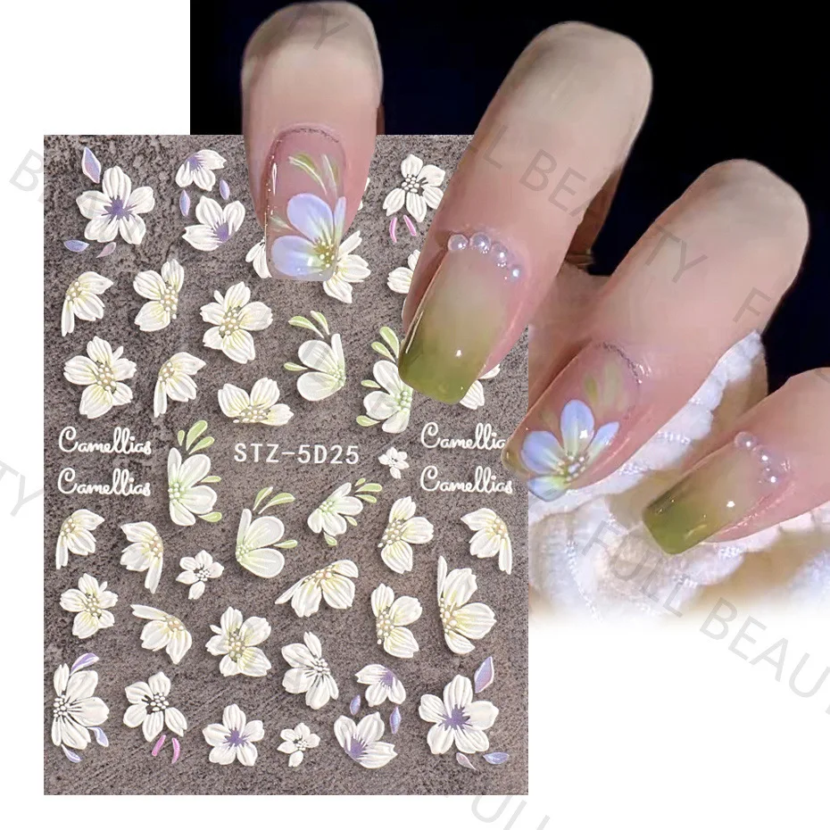 400Pcs 5D Simple Flowers Nail Embossed Stickers Elegant Wedding Design Adhesive Sliders Floral Textured Engraved Decoration Supp