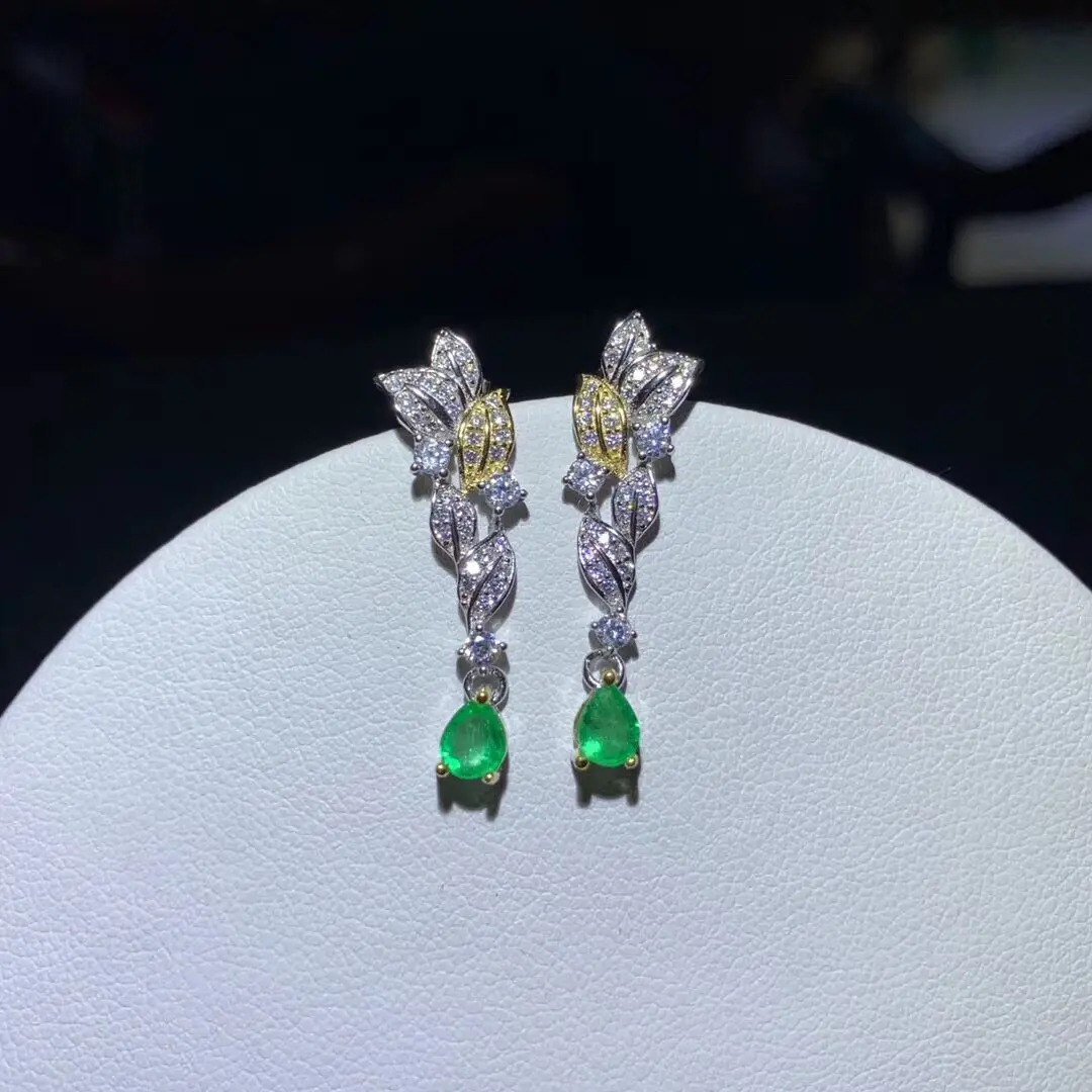 Fashion Silver Long Drop Earrings for Party  2Pieces Natural Emerald 4mm*5mm Earrings Solid 925 Silver Emerald Dangle
