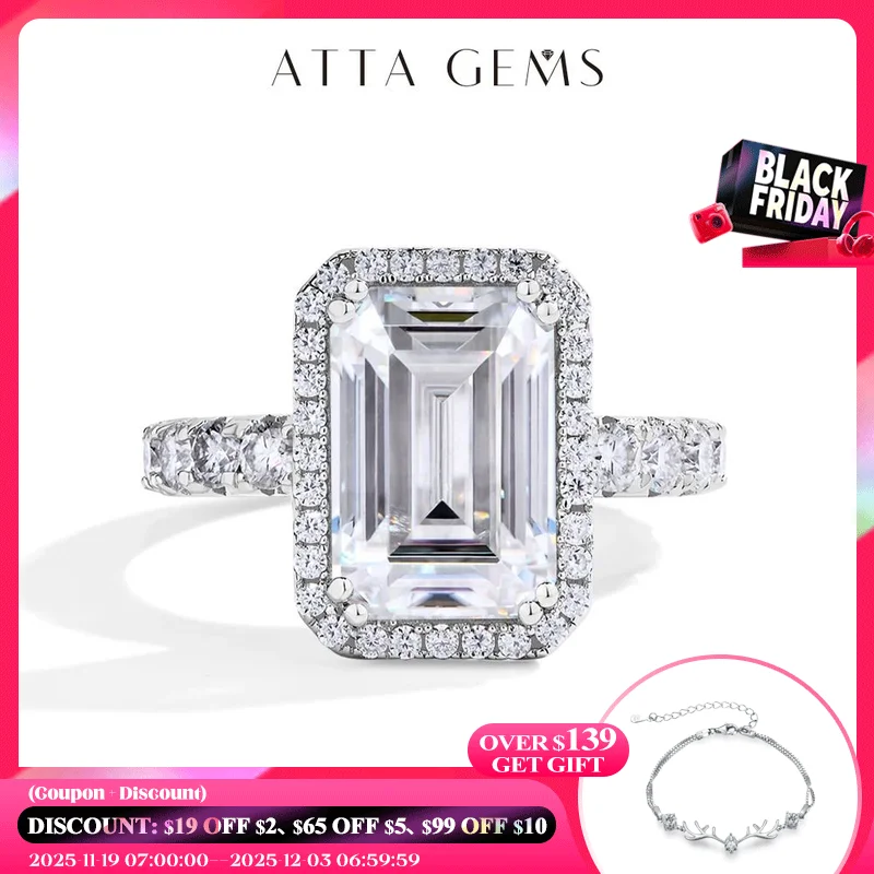 

ATTAGEMS New 4.6CT Emerald Cut Moissanite Ring for Women Real S925 Silver 18K Gold Plated Engagement Wedding Jewelry Top Quality