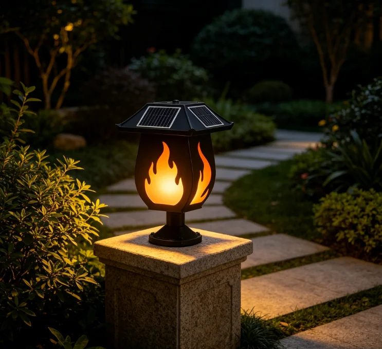 Solar Column Headlights Simulated Flame Lights Outdoor Waterproof Solar Powered Lights For Garden Courtyard Landscape Decoration