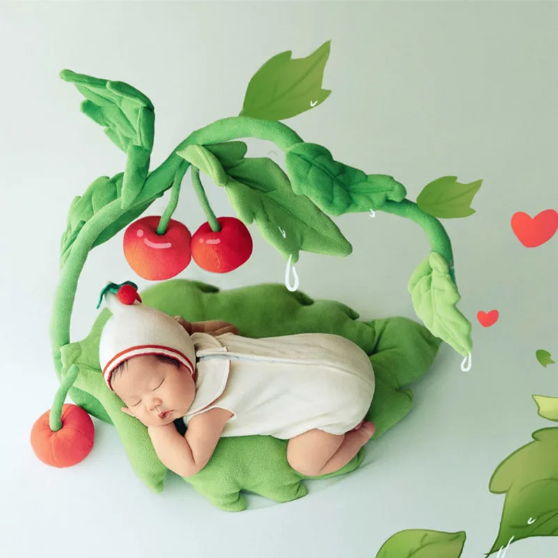 

❤️Newborn Photography Clothing Hat+Jumpsuit+Cherry Tree+Cherry+Leafage 5Pcs/Set Studio Baby Photo Props Clothes Outfits