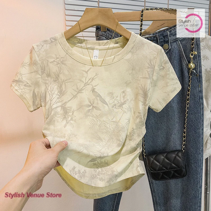 Korean-style fashion tie-dye T-shirt shoulder short sleeve women's summer new retro Joker round neck loose slim short top
