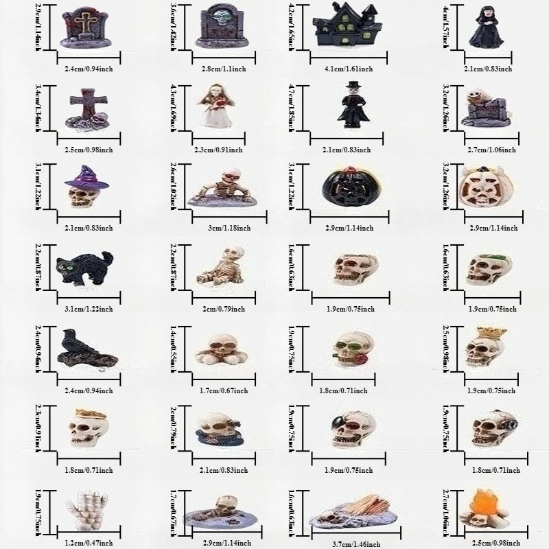 28pcs Halloween Mini Figurines Creative Miniature Skull Heads Tombstone Scene Ornaments Set Resin Crafts for Party Favors Decor