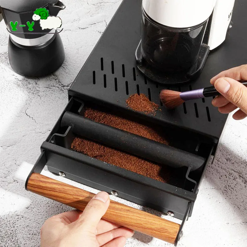Barista Espresso Accessories Coffee Grounds Wood Handle Stainless Steel Black Drawer Knock Box