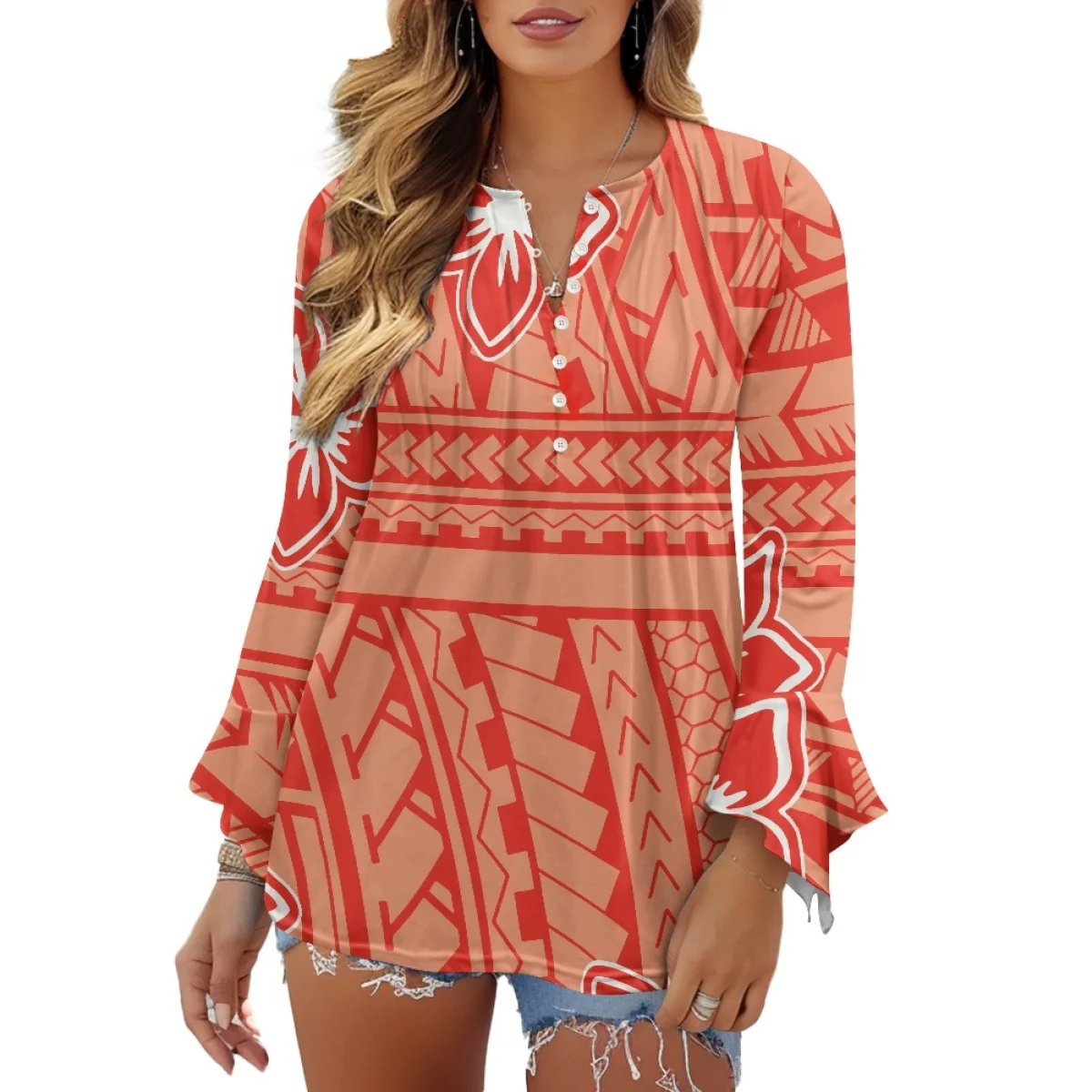 

Orange Samoan Plumeria Tattoo Print Chiffon Shirt Blouse Women Polynesian Tribal Print Women Tops and Blouse for Women