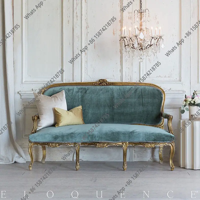 French solid wood retro carved three-person sofa, European neoclassical old living room studio club sofa combination