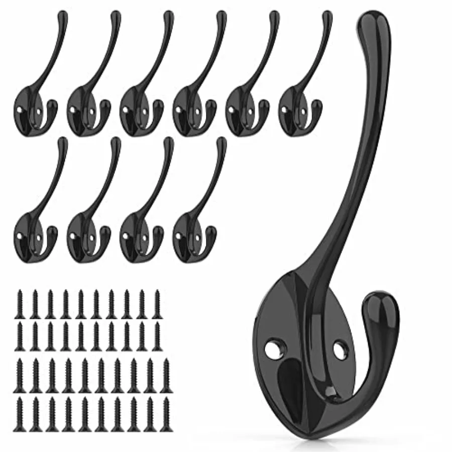 

Heavy-Duty Metal Coat Hooks for Wall, 10-Pack Black Wall Mounted Hooks with 20 Screws, Double Robe Hooks for Coat, Hat, Robe, T