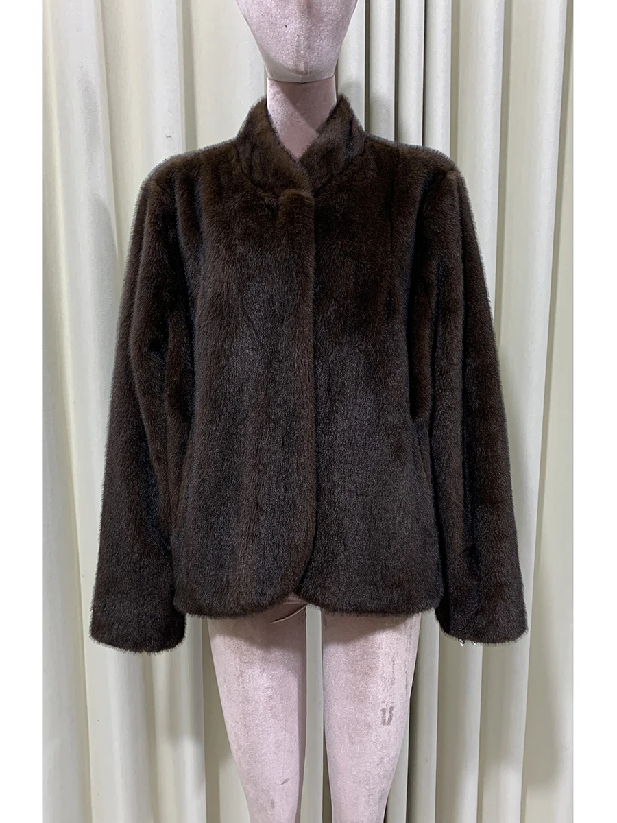 Autumn Winter Short Brown Thick Warm Soft Faux Mink Fur Coat Women Long Sleeve Elegant Luxury Stylish Chic Fluffy Jacket 2025