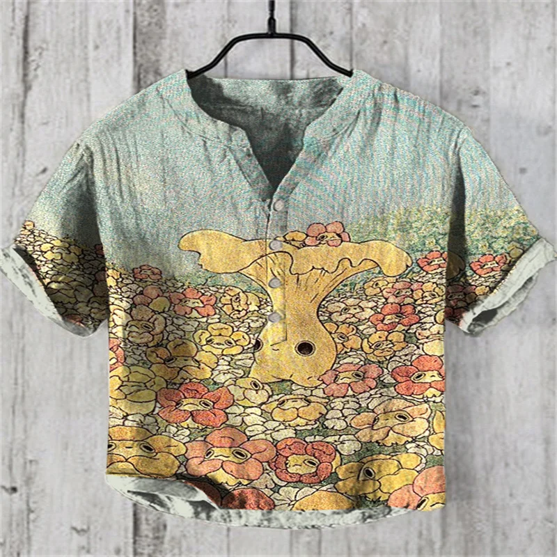 Zomer Nieuwe 3d Retro Literaire Illustratie V-Hals Shirt Met Korte Mouwen Heren Casual Losse Trui S-5XL