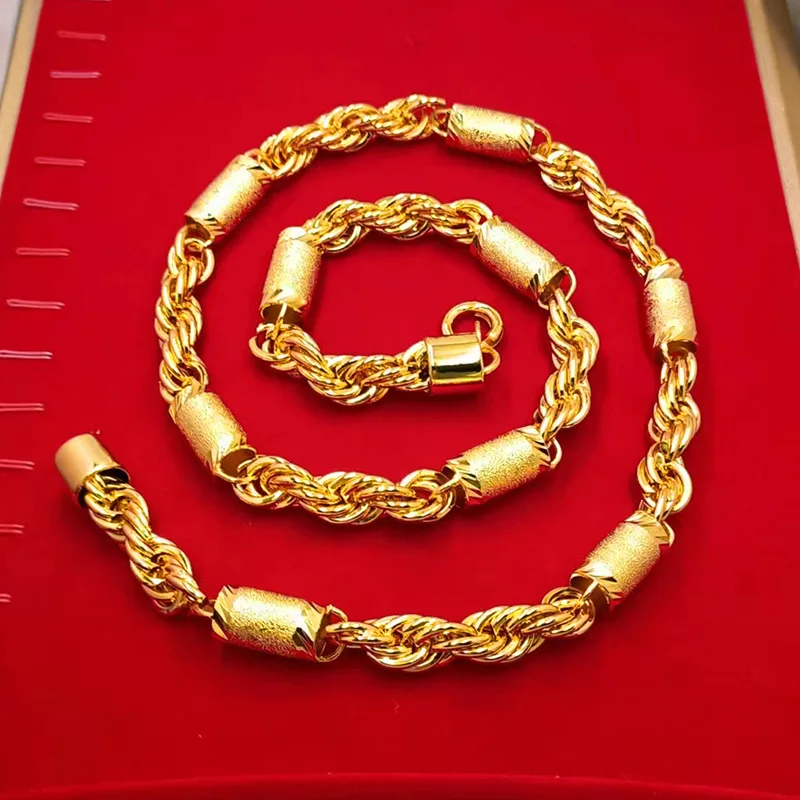 9999 gold cylindrical twisted necklace string for men, elegant and masculine, with shining flower designs.
