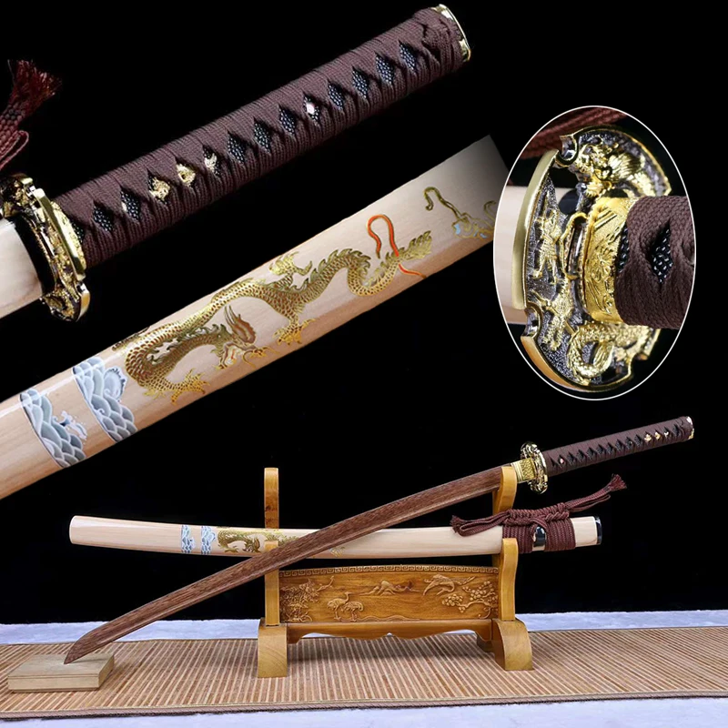 40Inch Japanese Katana-Training Sword Iaido/Iaito Props-Log Rosewood Blade-Dragon Swords-Natural Painting Saya