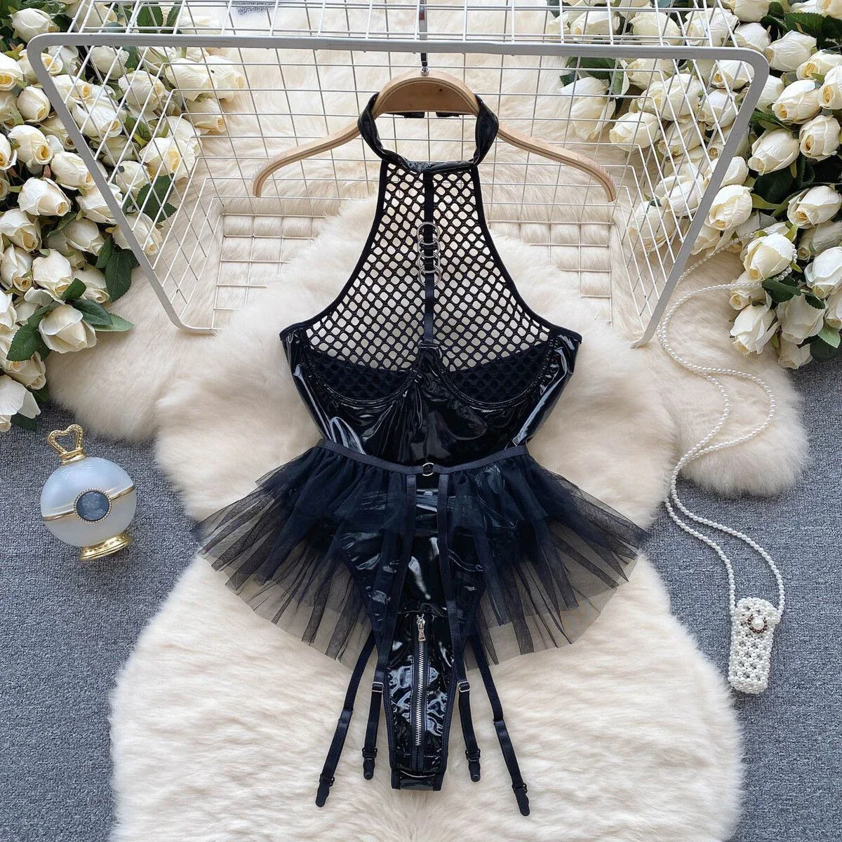 Women Sexy Halter PU Leather Patchwork Mesh Jumpsuit Bunny Girl Cosplay Uniform Lace Slim Hollow Out Bodysuit Short Skirt Pant S