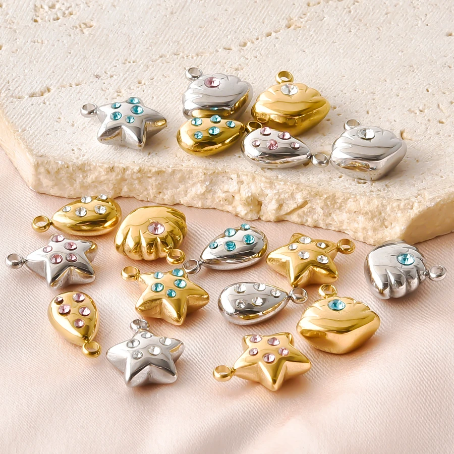 6pcs NEW 3D Gold Color Stainless Steel With Rhinestone Star Seashell Drop Charms Pendants Jewelry Findings Earrings Accessories