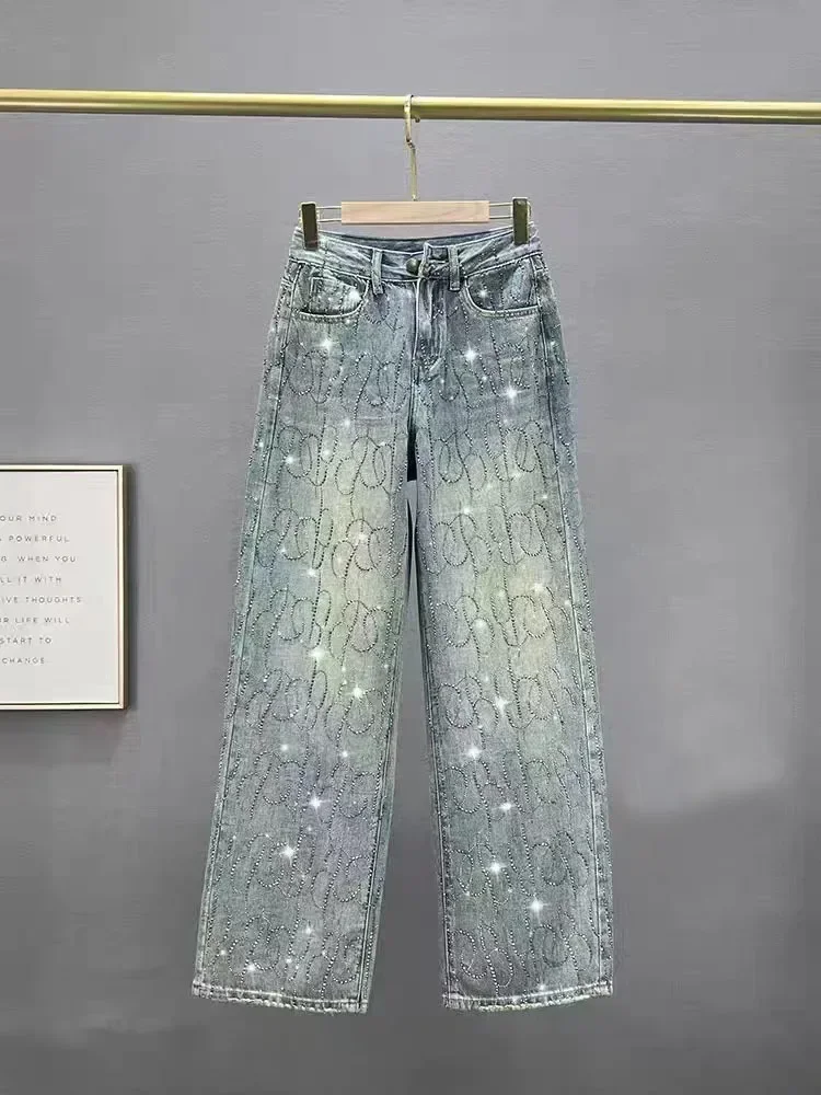 Jean diamant brillant pour femmes, taille haute, jambes larges, pantalon en Denim, strass bleu, pantalon de nettoyage, Streetwear, à la mode