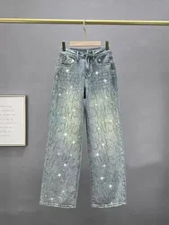 Women Diamond Jeans Shiny High Waist Loose Wide Leg Denim Pants Blue Rhinestone Mopping Pants Streetwear Fashion Trousers