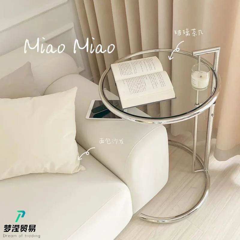 Lifting small coffee table stainless steel medieval glass edge table Nordic simple modern coffee round table