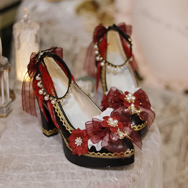 Storia di una notte originale: scarpe Lolita in stile europeo antico prigioniero mucca fiore fatto a mano da sposa tacchi alti Lolita nero/rosso