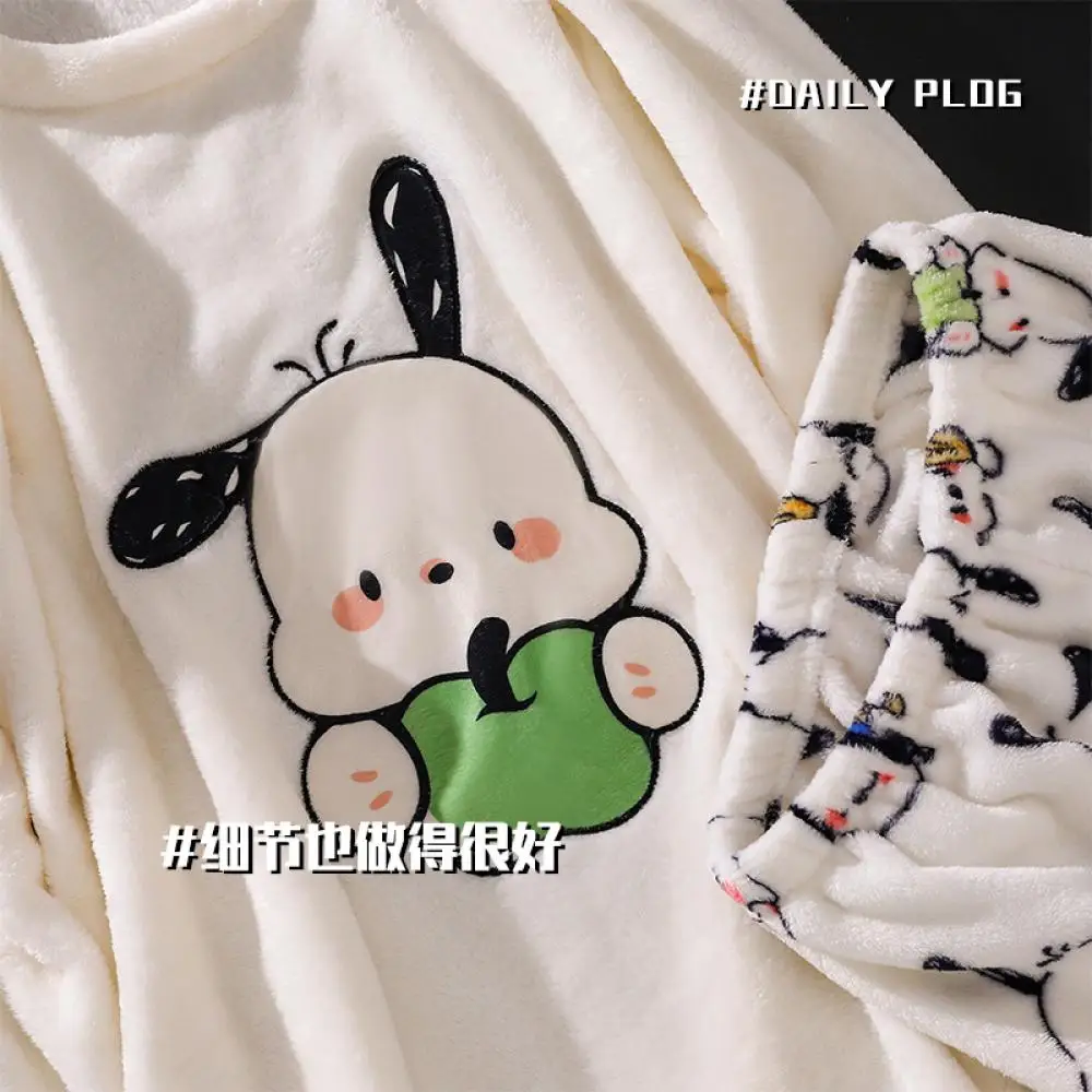 Cartoon Pochacco Korallen Fleece Pyjamas Set Sanrioed Anime Kawaii Frühling Frauen Plüsch Homewear Nette Mädchen Student Lose Warme Kleidung