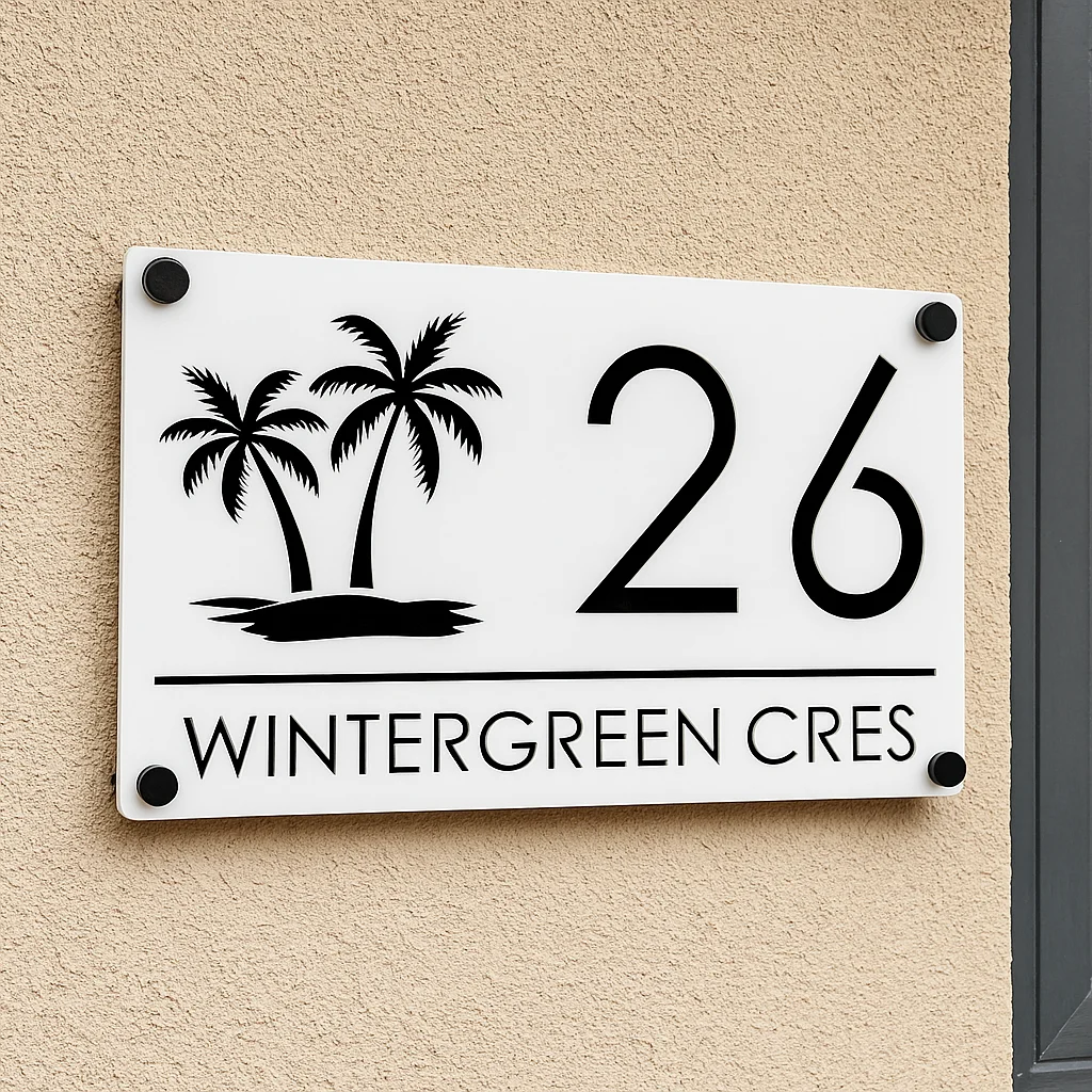 رقم منزل مخصص حديث، علامات باب جدارية خارجية، لوحات عنوان أكريليك مقطوعة بالليزر، هدايا شجرة النخيل