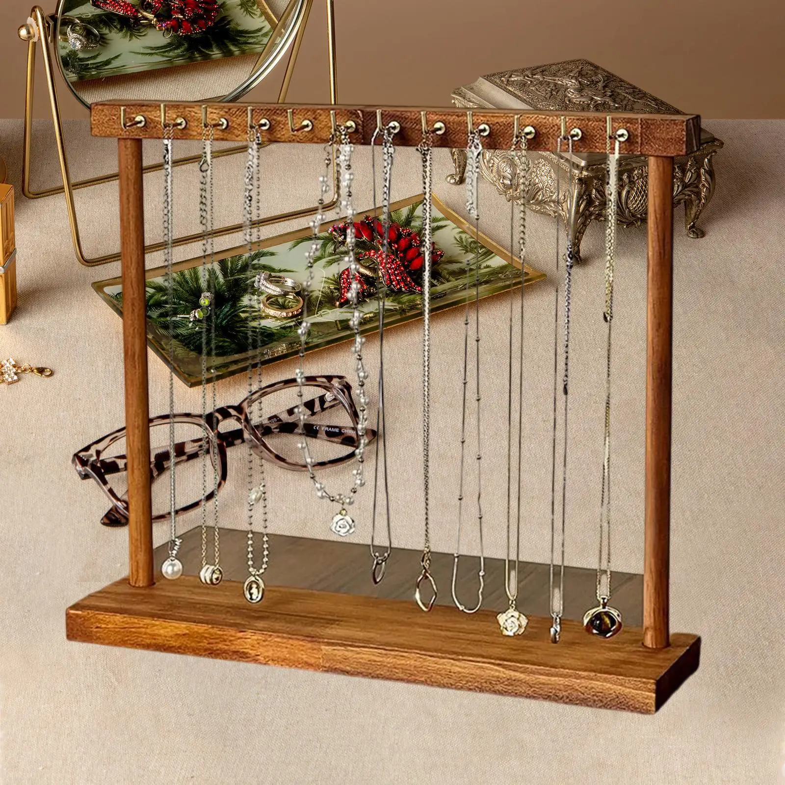 

Multi-Layer Wooden Jewelry Organizer Stand Elegant Display Holder for Necklaces Watches Bracelets Rings for Tabletop Showcase