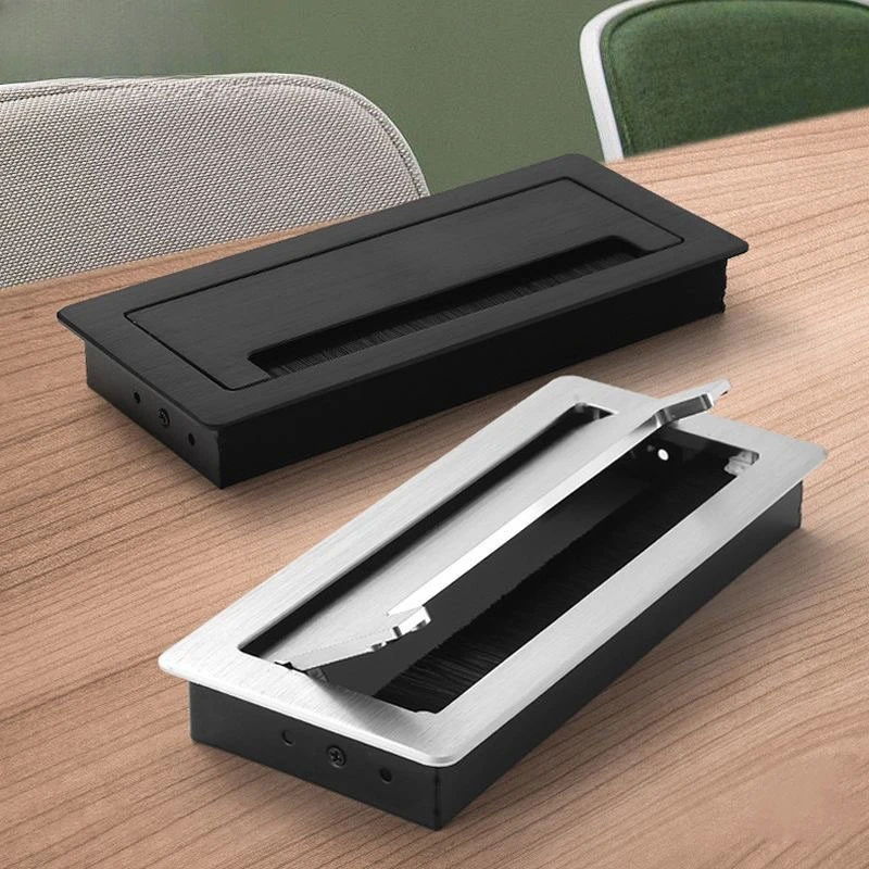 W120*H300mm Rectangle Aluminum Office Table Desktop Cable Grommet Soft Close Flap Cover Brush Silver Black Rose Gold