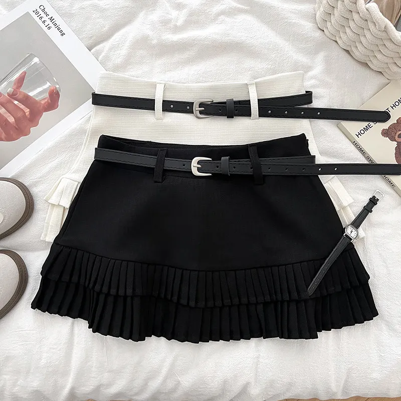 Double Layered Ruffles Women Skirts Solid Versatile Spring Summer Mini Skirt Vintage Korean Style Retro Ropa De Mujer