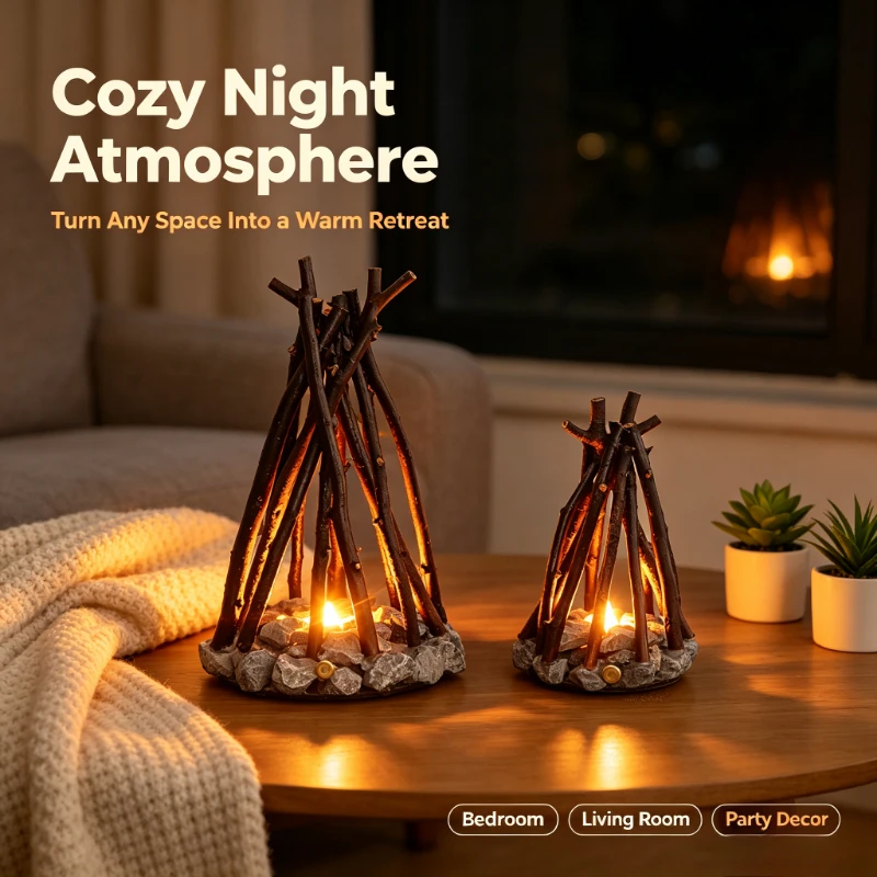 Creative Night Light,Minimalist Retro Decor Handmade Branch-shaped LED Simulated Burning Campfire,Desktop Ornament for Homestays